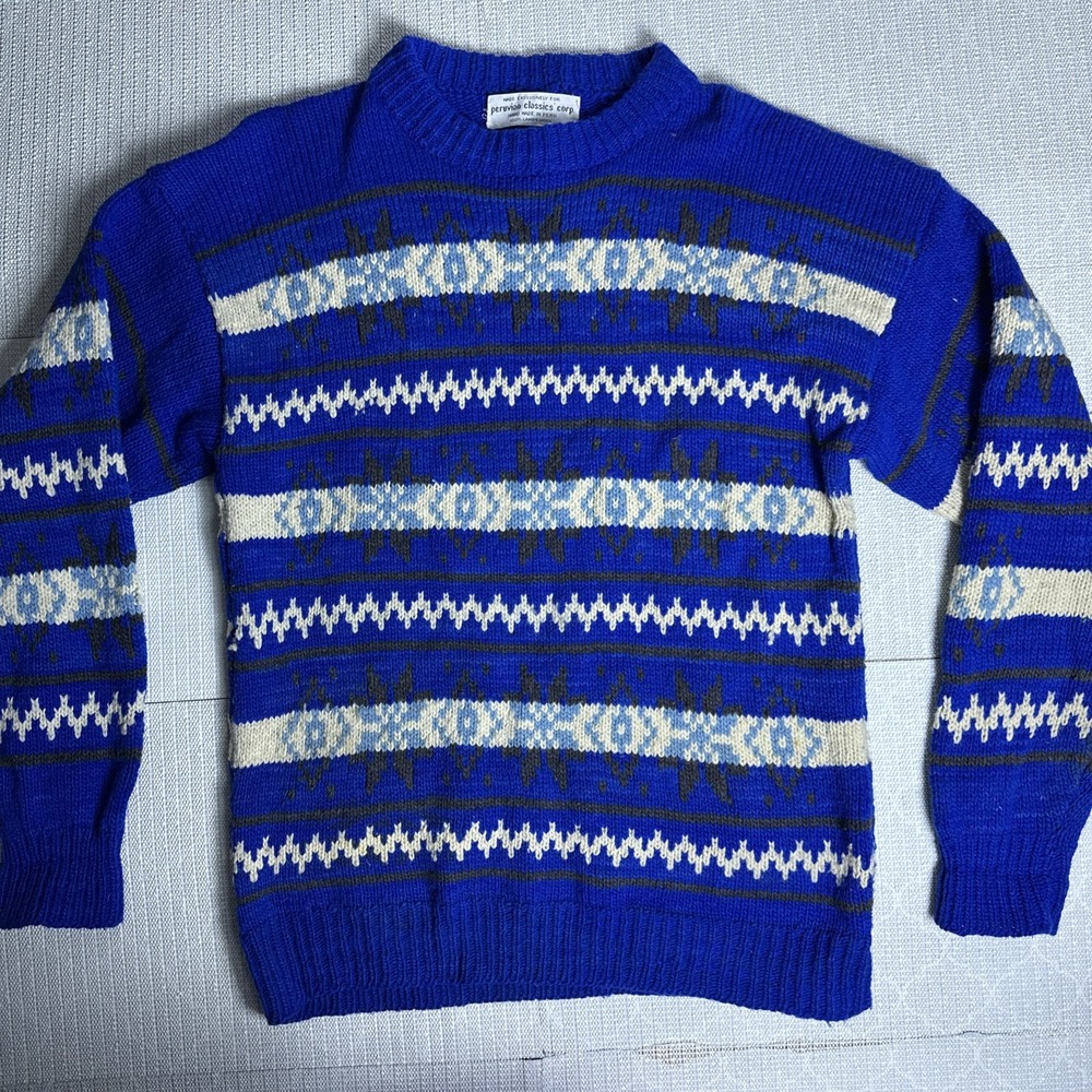 Peruvian Classic Lams Wool Sweater Adult Aztec Geometric Knit Blue